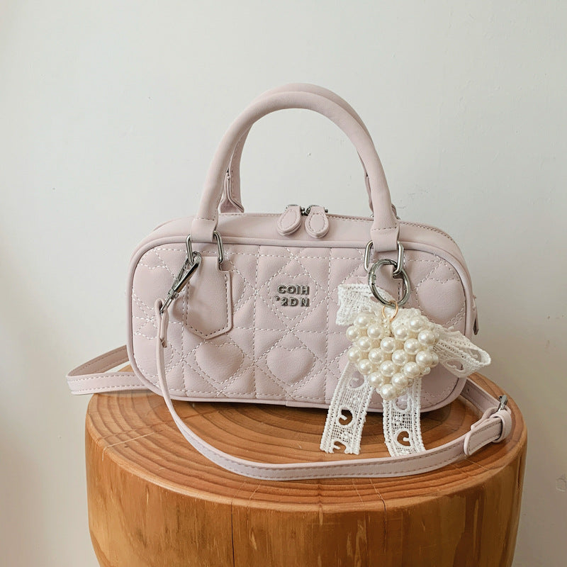 Elegant Quilted Crossbody Bag with Pearl Charm for Women, Fashionable Daily Use Handbag with Zipper Closure and Adjustable Strap