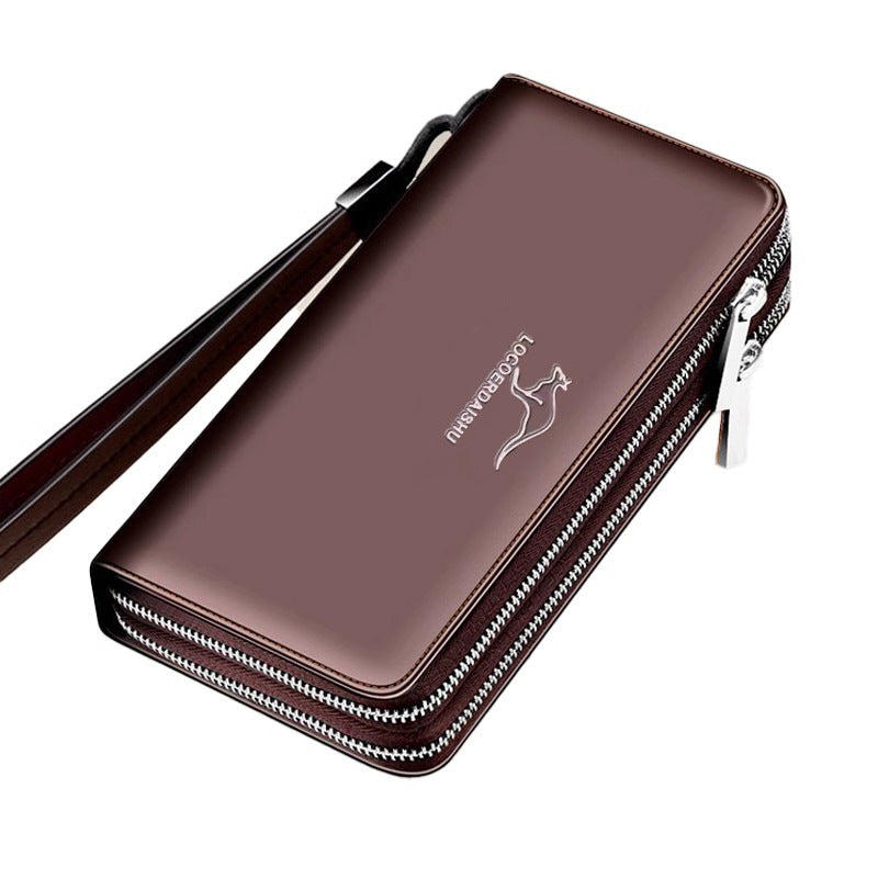 Stylish Men's Long Wallet with Multiple Card Slots, Waterproof PU Leather, Zipper Closure and Wrist Strap for Business Travel