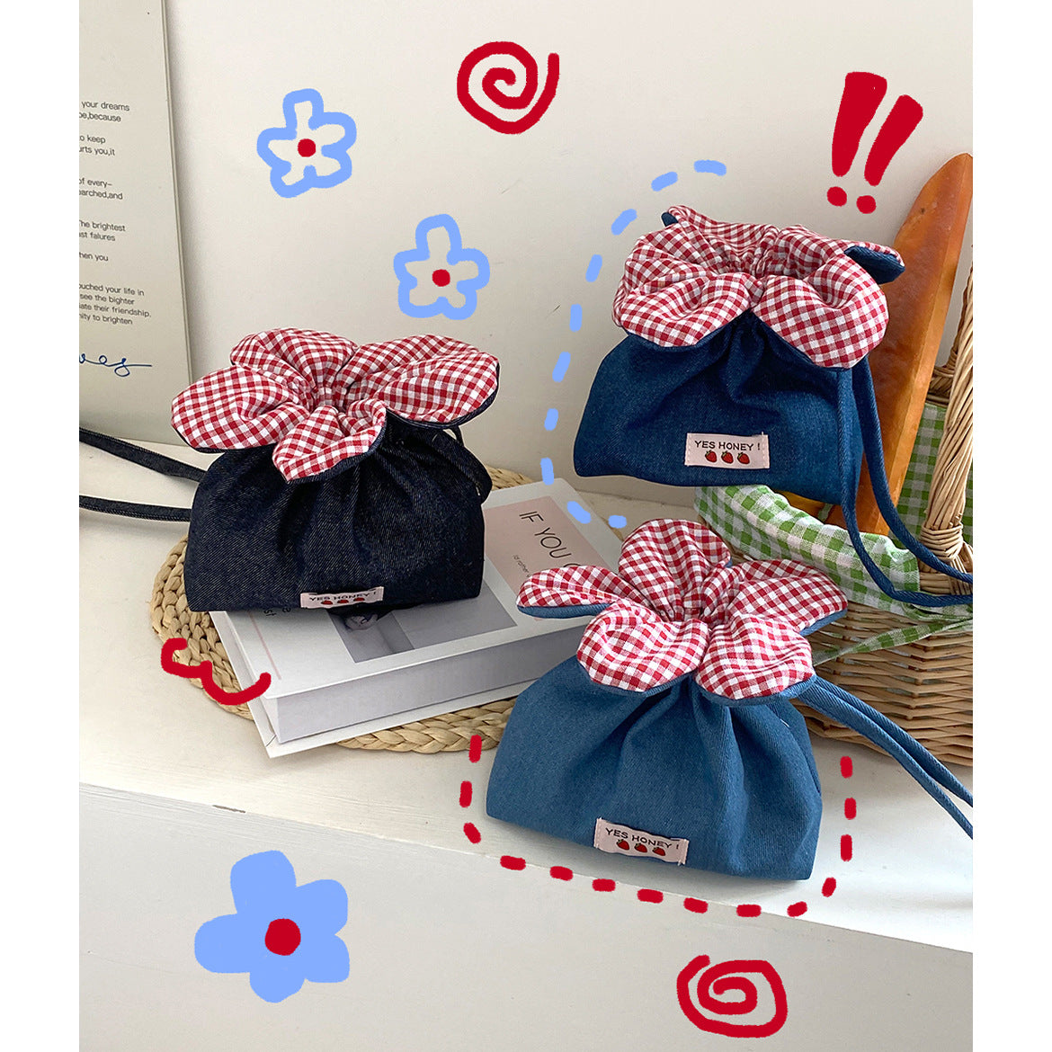 Cute Denim Flower Drawstring Crossbody Bag with Gingham Bloom, Korean Style Casual Phone Pouch for Daily Outings
