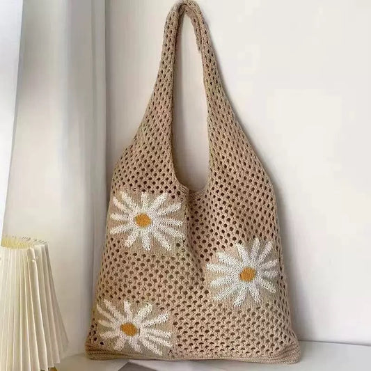 Women's Shoulder Bag Artistic Style Crocheted Daisy Tote Bag Beach Vacation Lightweight Shoulder Bag Leisure Travel Essential Woven Handbag