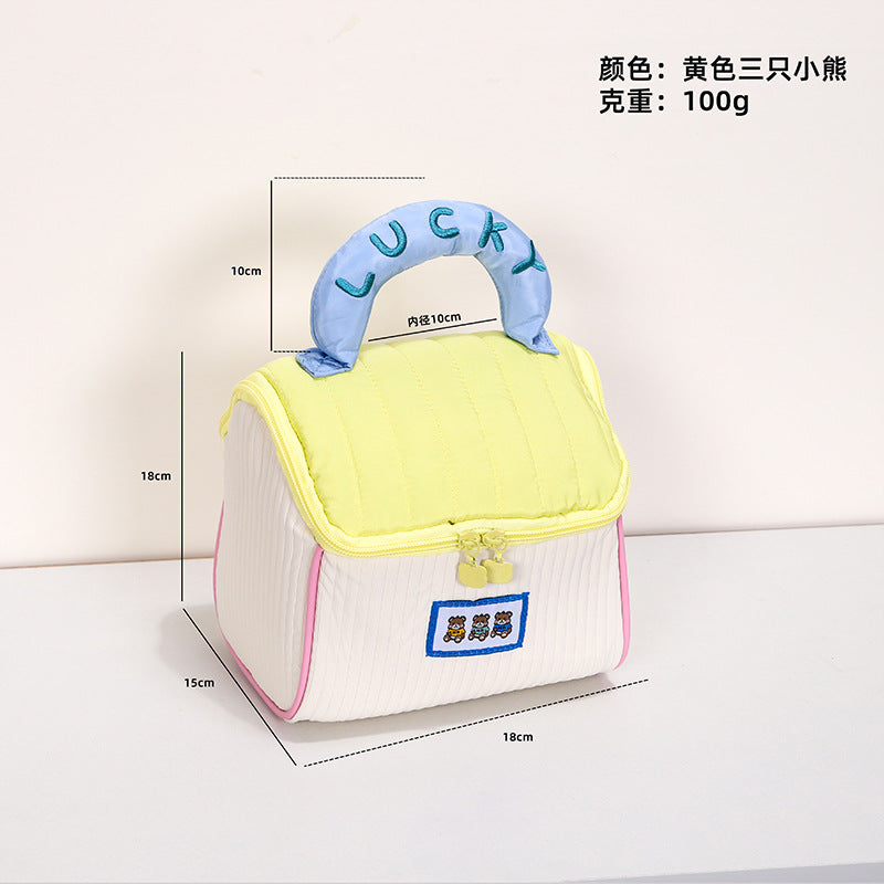 Cute Cartoon Cat Lunch Bag with Lucky Handle, Portable Insulated Food Storage Pouch for Daily Use