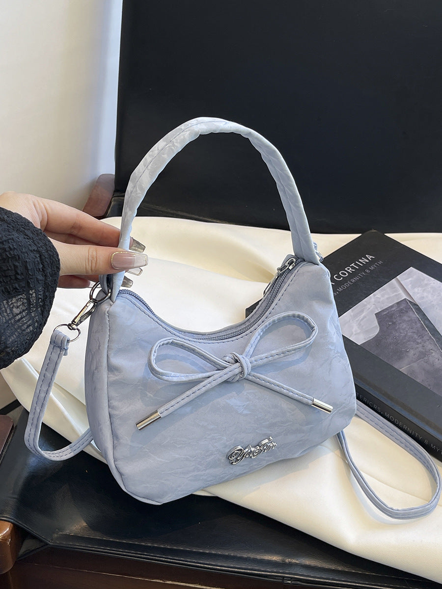 2025 Summer New Chic Bowknot Handbag for Women, Soft Canvas Shoulder Crossbody Bag with Zipper Closure and Stylish Design