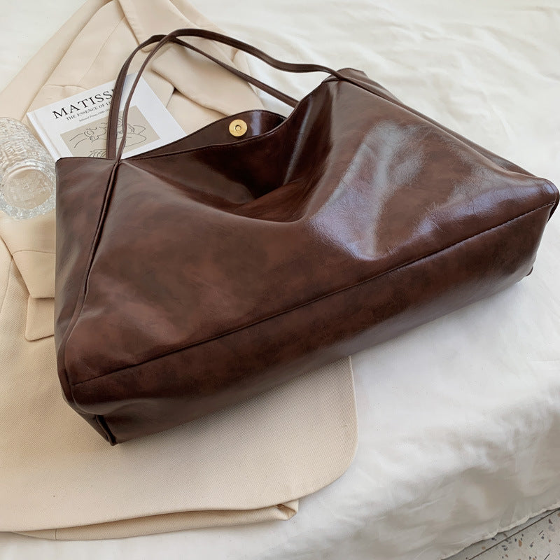 Tote Bag Women's Bag New Japanese and Korean Large Capacity Soft Leather One Shoulder Retro Casual Portable Bucket Bag
