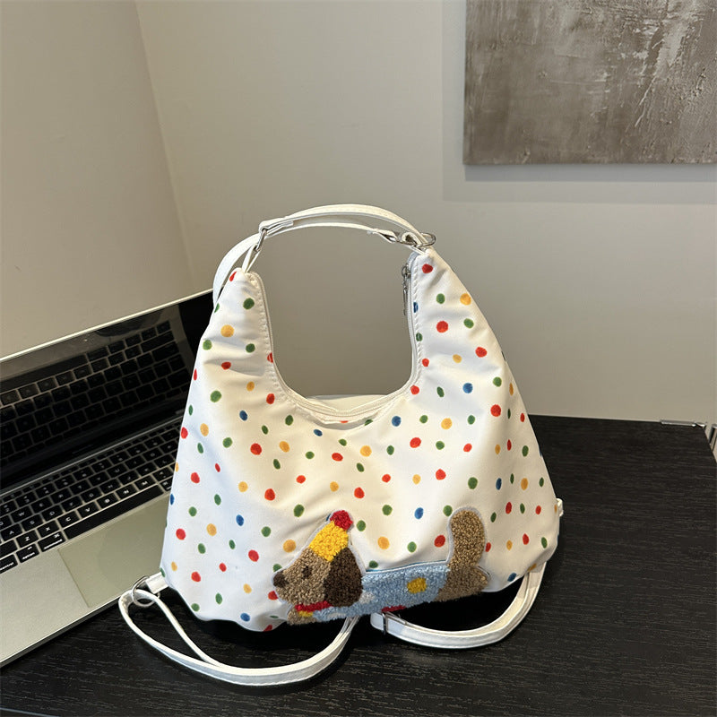 Korean Style Casual Large Capacity Shoulder Bag with Cartoon Polka Dot Print and Relaxed Tote Design for Women