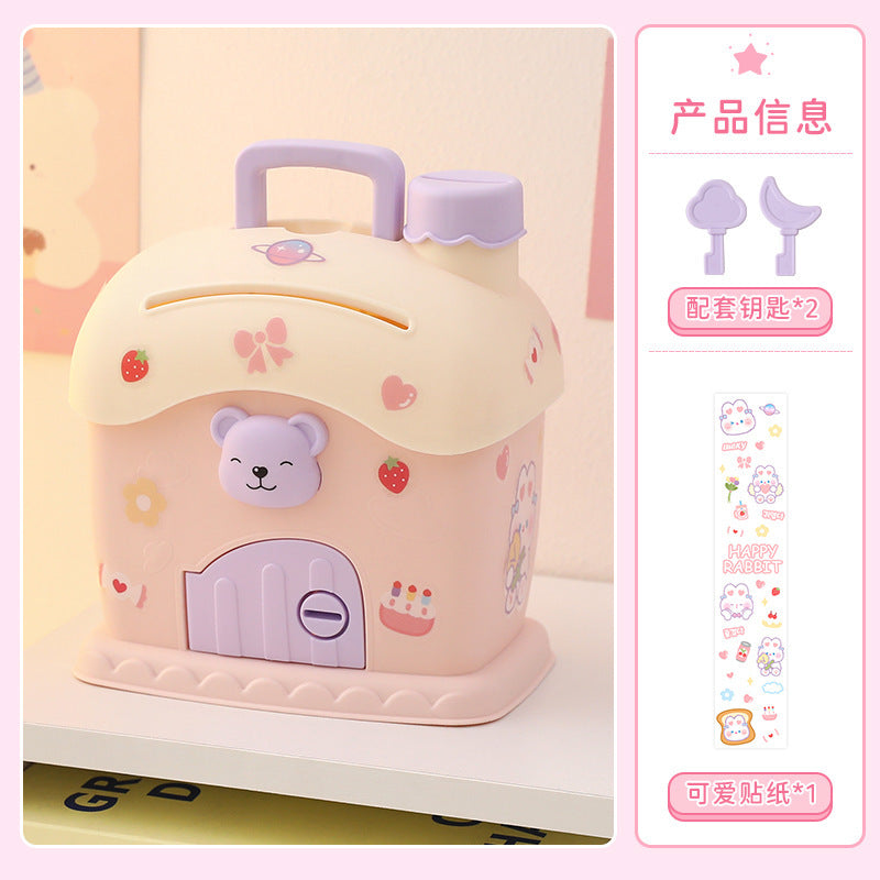 Cute Cartoon Bear House Money Bank with Key and Stickers for Kids - Creative Piggy Bank for Boys and Girls