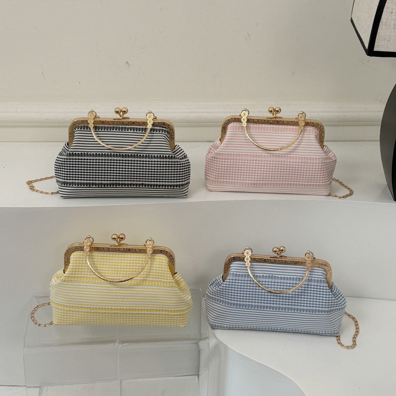 Fresh Crossbody Phone Bag for Women Retro Storage Cosmetic Bag Fabric Mouth Willow Leaf Plaid Gold Bag