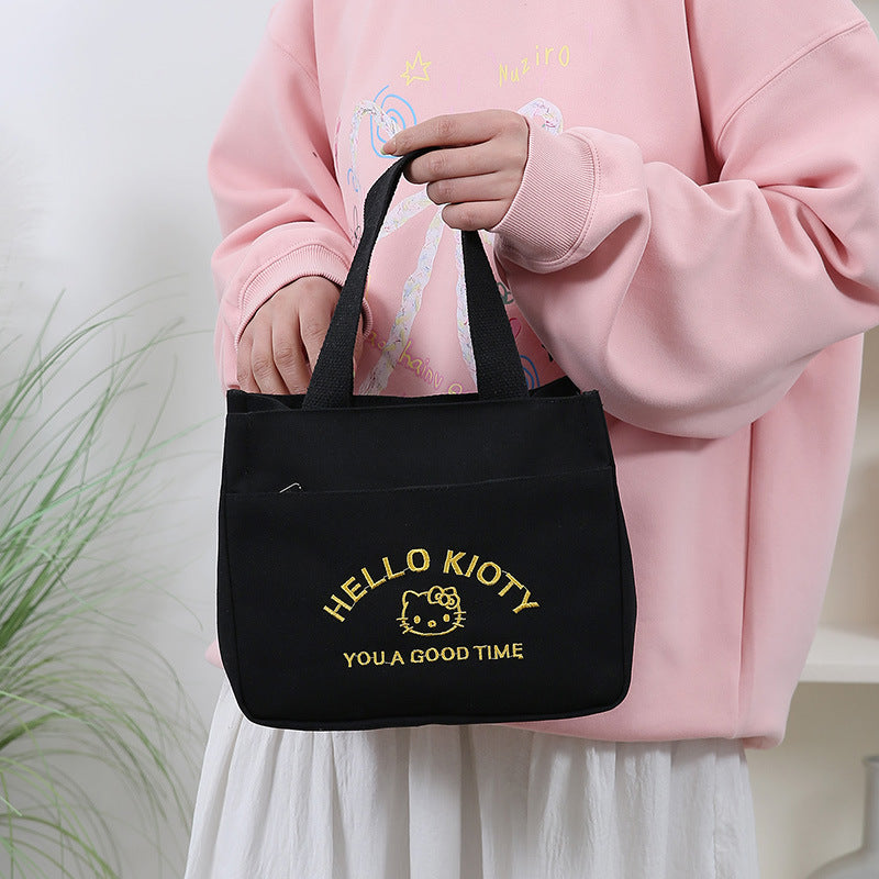 Cute Embroidered Canvas Tote Bag with Hello Kitty Design, Perfect for Daily Use, School, Work, and Carrying Lunchbox