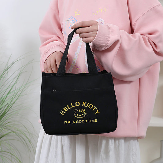 Cute Embroidered Canvas Tote Bag with Hello Kitty Design, Perfect for Daily Use, School, Work, and Carrying Lunchbox