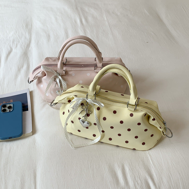 Chic Polka Dot Boston Bag for Women - Trendy Crossbody Handbag with Zipper Closure and Adjustable Strap