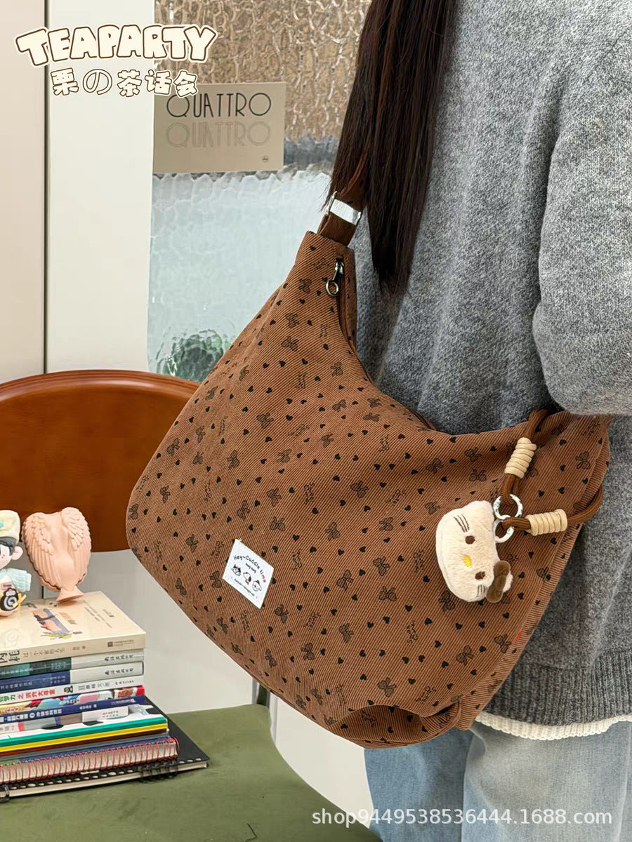 Cute Bow Print Corduroy Tote Bag with Zipper Closure and Hello Kitty Charm for Daily Commute