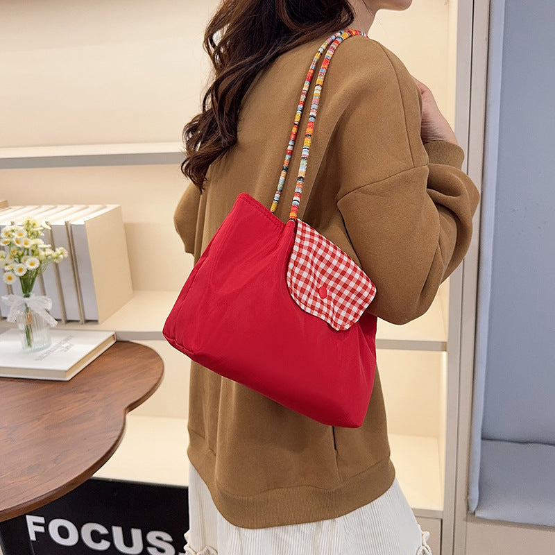 2025 New Large Capacity Canvas Tote Bag with Checkered Flap and Beaded Strap, Street Style Everyday Shoulder Bag for Women