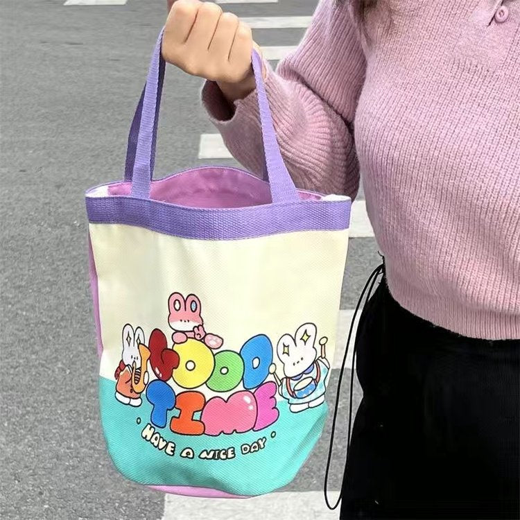 Cute Ice Skating Club Canvas Tote Bag for Kids and Teens, Fashionable Bucket Style with Cartoon Print, Perfect for Daily Use and School