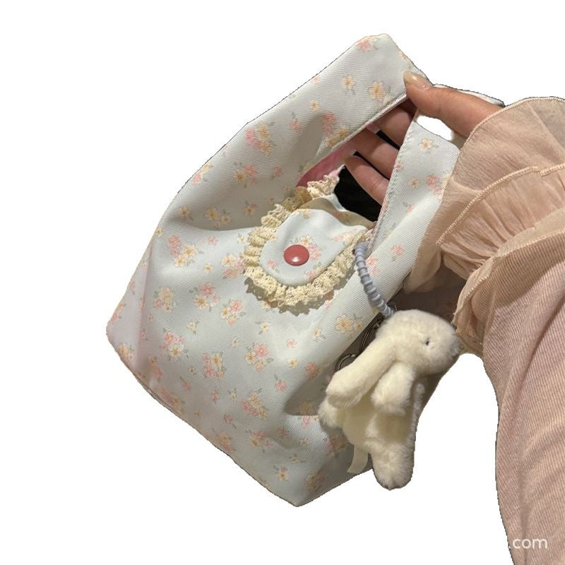 New Floral Canvas Bag for Female Students Simple Large Capacity Work All-Match Lightweight Lunch Box Bento Handbag