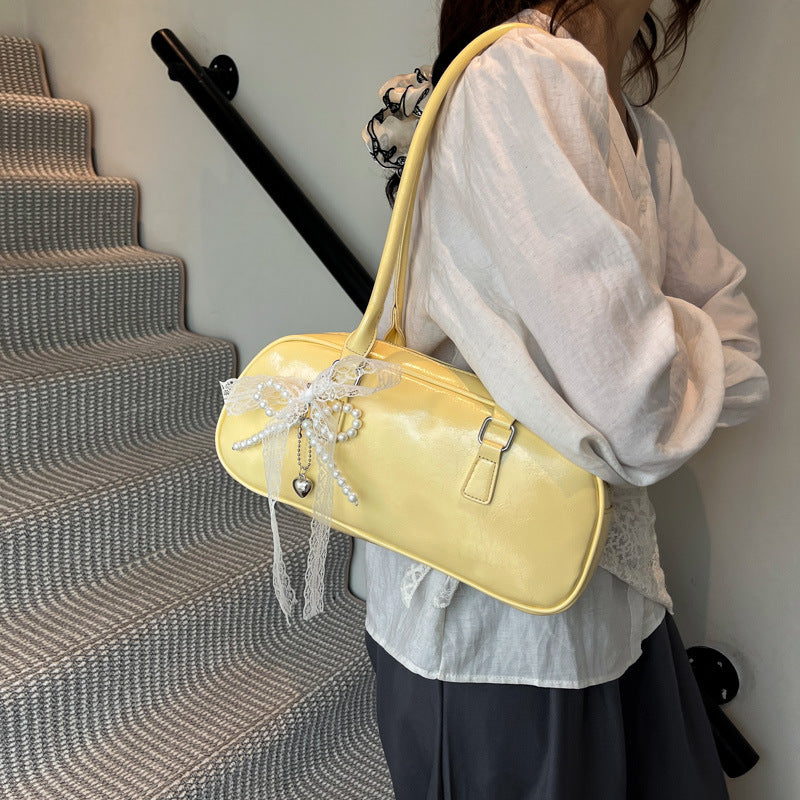 Elegant Pearl Lace Decorated PU Tote Bag with Large Capacity and Zipper Closure for Daily Use