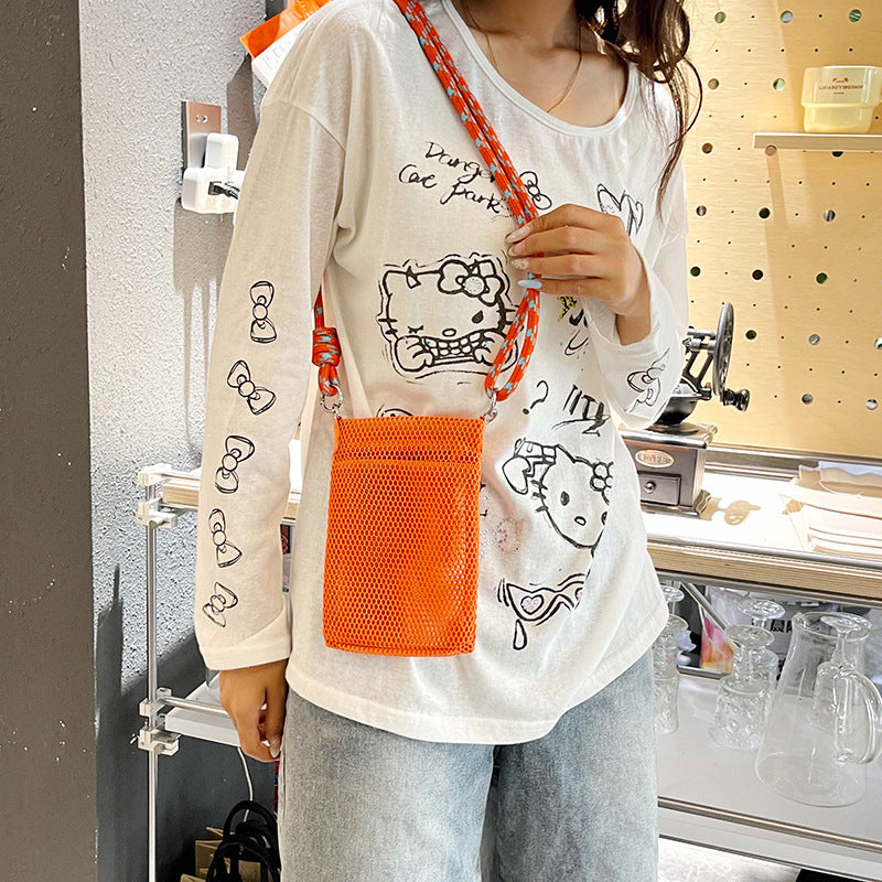 Sweet Fresh Cell Phone Bag Women's Summer Outdoor Single-Shoulder Bag Crossbody Mesh Portable Storage Bag