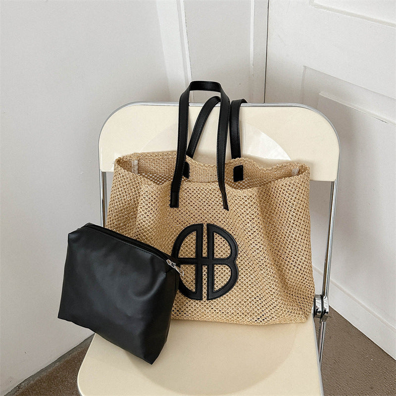 Woven Bag Women's New Partysu Contrast Color Straw Fashion Trendy One-Shoulder Handbag