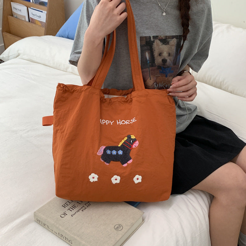 Cute Embroidered Puppy Tote Bag for Women, Large Capacity Shoulder Bag with Drawstring Closure, Perfect for Daily Commute and School