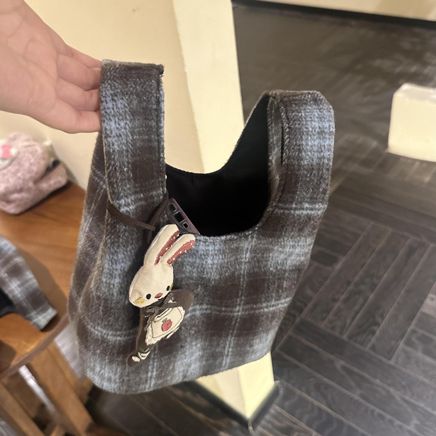 New Plaid Cute Woolen Bag Women's Fashion All-Match Handbag for Going out Bag Woolen Plaid Hand Bag