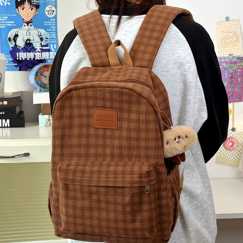 Retro Plaid Corduroy Backpack with Breathable Design for Students, Lightweight and Stylish School Bag with Adjustable Padded Straps