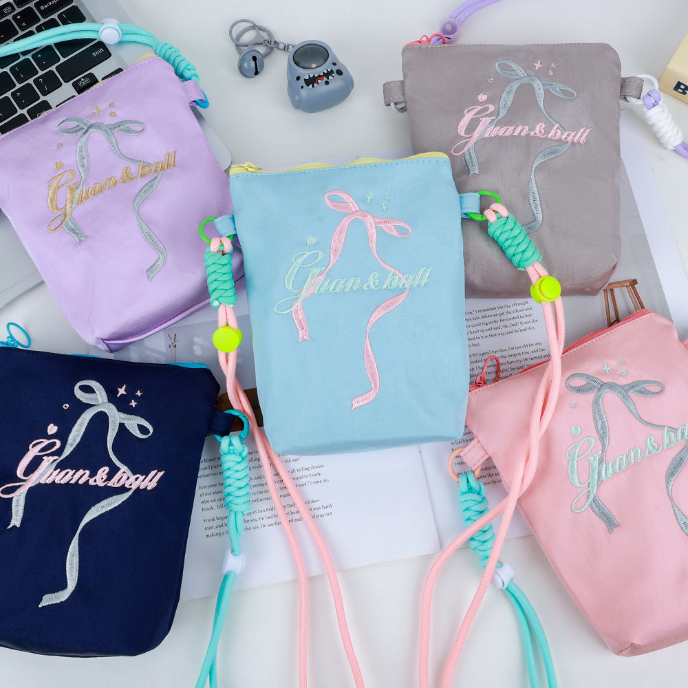 Summer Bowknot Crossbody Phone Bag for Women Lightweight Fashion Embroidery Shoulder Coin Purse