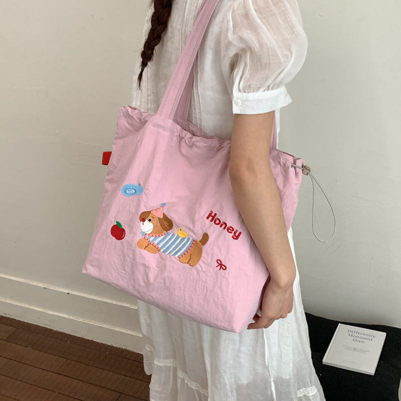 Cute Embroidered Puppy Tote Bag for Women, Large Capacity Shoulder Bag with Drawstring Closure, Perfect for Daily Commute and School