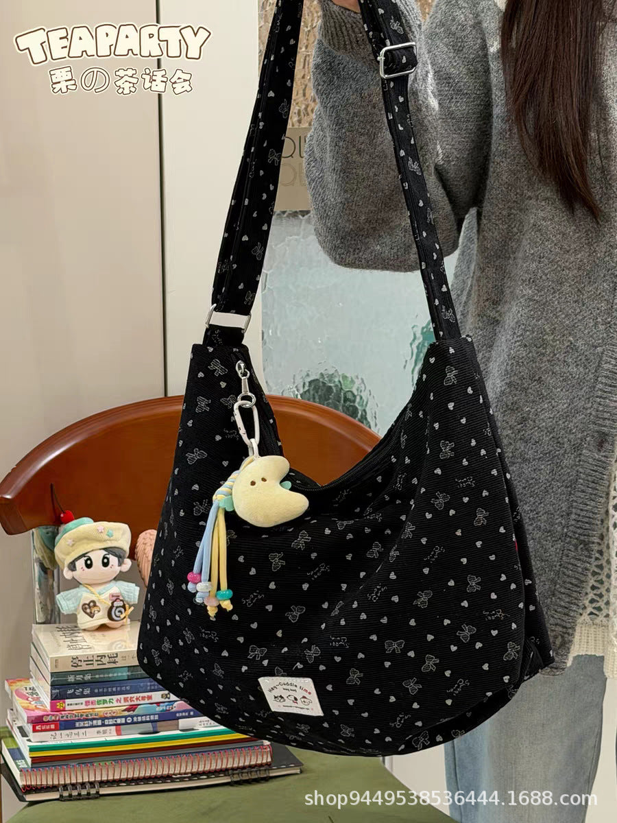 Cute Bow Print Corduroy Tote Bag with Zipper Closure and Hello Kitty Charm for Daily Commute