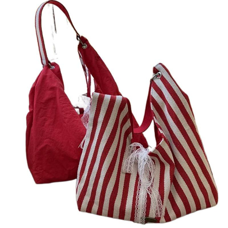 Striped Canvas Tote Bag for Women Summer Casual Large Capacity Shoulder Bag with Lace Detailing