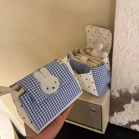Cute Rabbit Applique Checkered Cosmetic Organizer Bag with Polka Dot Design for Daily Use