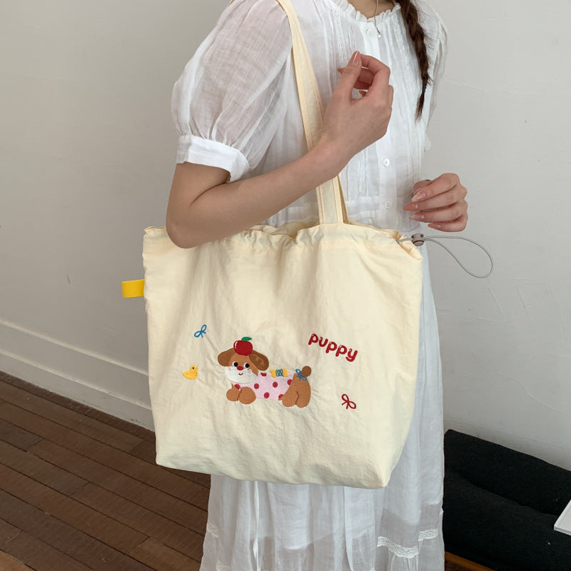 Cute Embroidered Puppy Tote Bag for Women, Large Capacity Shoulder Bag with Drawstring Closure, Perfect for Daily Commute and School
