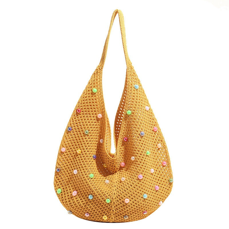 Holiday One-Shoulder Women's Color Knitted New Large Capacity Sense Hollow Pearl Beach Bag