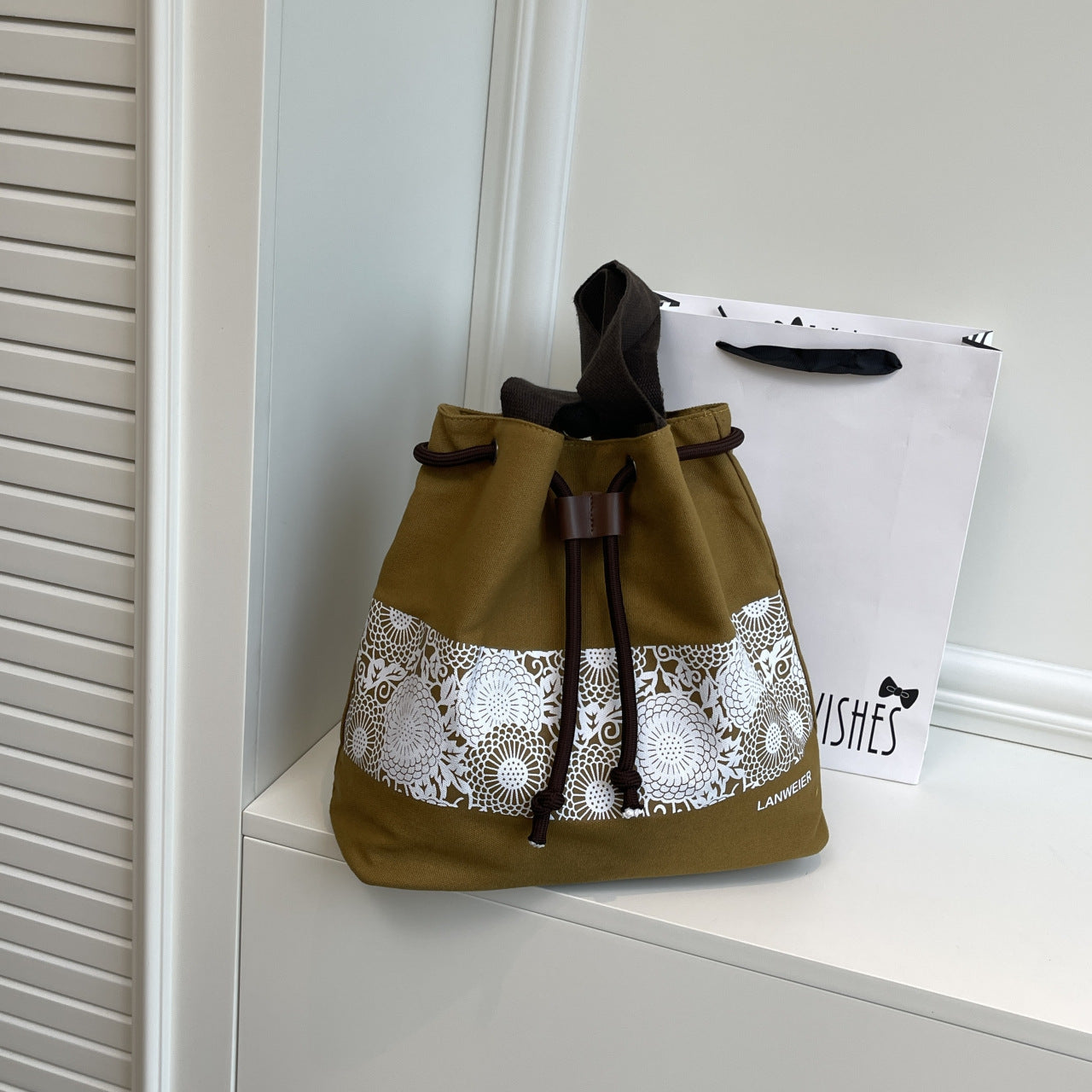Chic Korean-Style Canvas Tote Bag with Floral Pattern and Drawstring Closure for Everyday Use