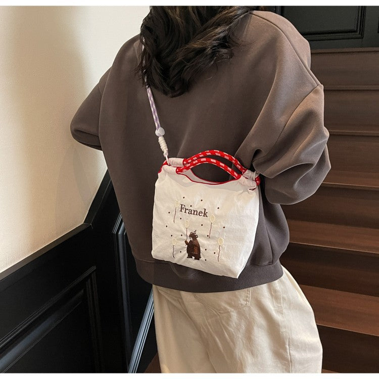 Cute Embroidered Nylon Crossbody Phone Bag Daily Commuter Bear Pattern Design