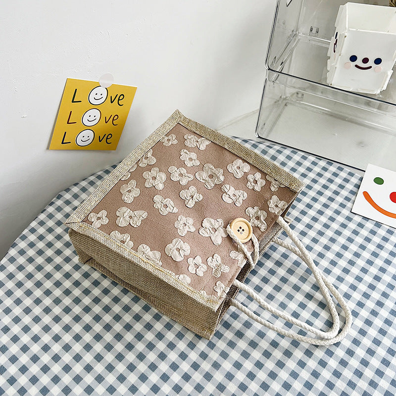 Floral Canvas Bag Handbag Bag Women's Western Style Simple Outing Hand Carry Lunch Bag