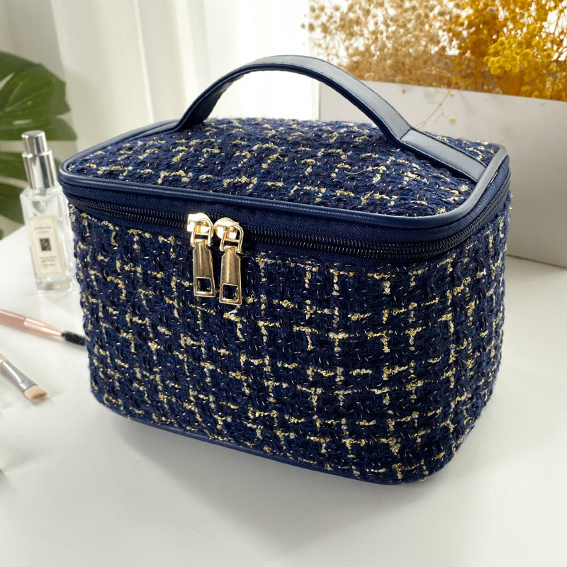 Chic Tweed Cosmetic Bag with Zipper Closure - Large Capacity Portable Makeup Organizer for Travel and Daily Use
