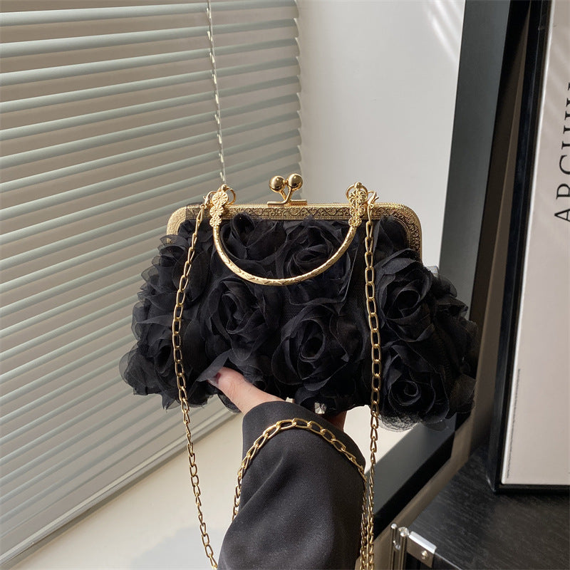 Chiffon Three-Dimensional Flower Dinner Bag Champagne Women's Handmade Dress Garment Bag Chain Decoration Handbag