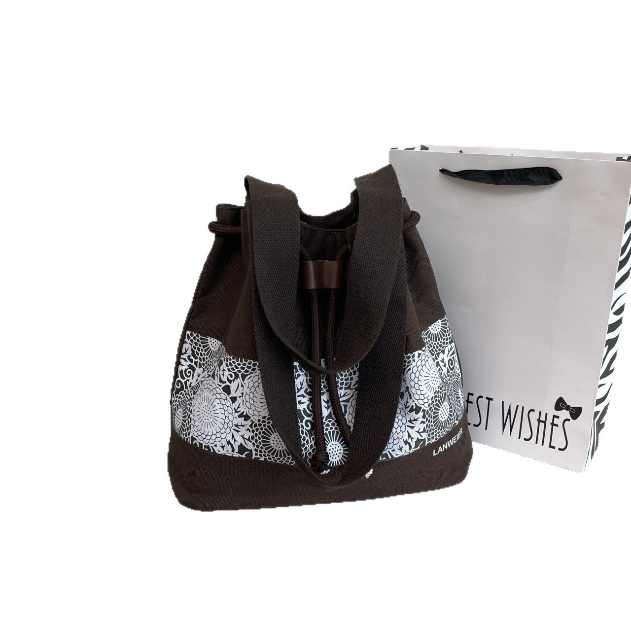 Chic Korean-Style Canvas Tote Bag with Floral Pattern and Drawstring Closure for Everyday Use
