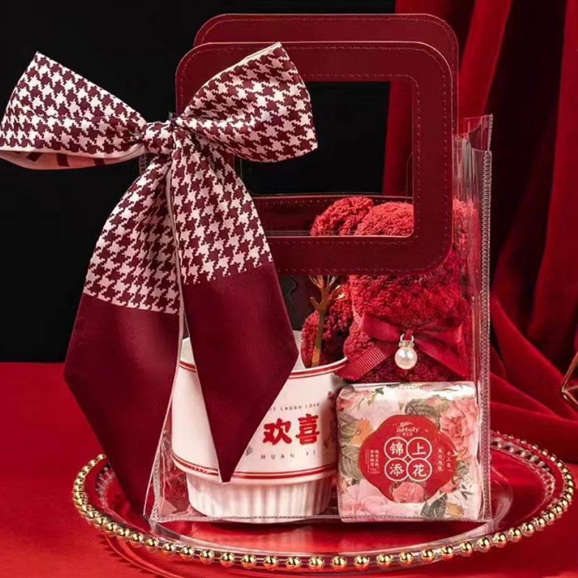 Chic Transparent PVC Tote Bag with Floral Print and Satin Handle for Gift Packaging and Everyday Use