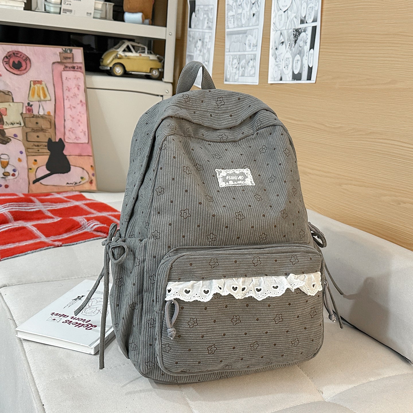 Artistic Fresh Student Backpack Soft Corduroy Material Lace Large Capacity Breathable Design