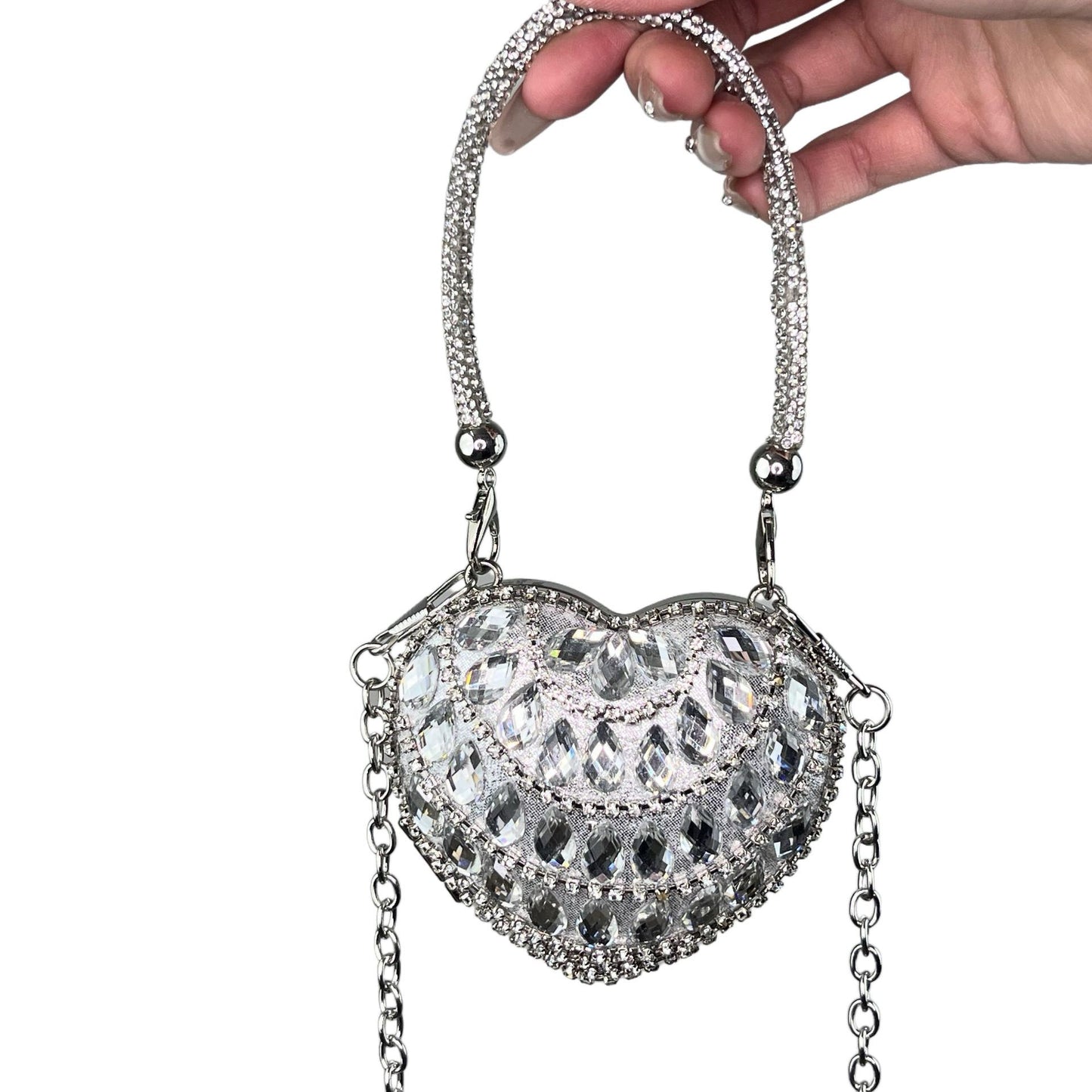 2025 New European Fashion Mini Heart-Shaped Crystal Clutch Bag with Chain Strap for Evening Party and Daily Use