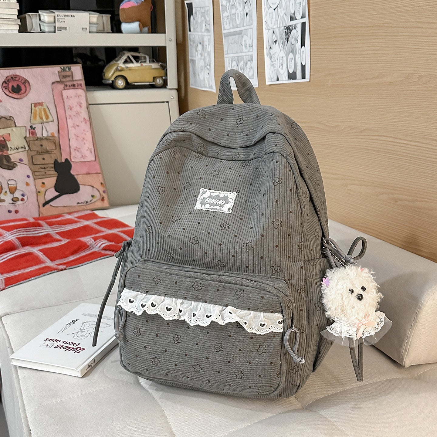 Artistic Fresh Student Backpack Soft Corduroy Material Lace Large Capacity Breathable Design