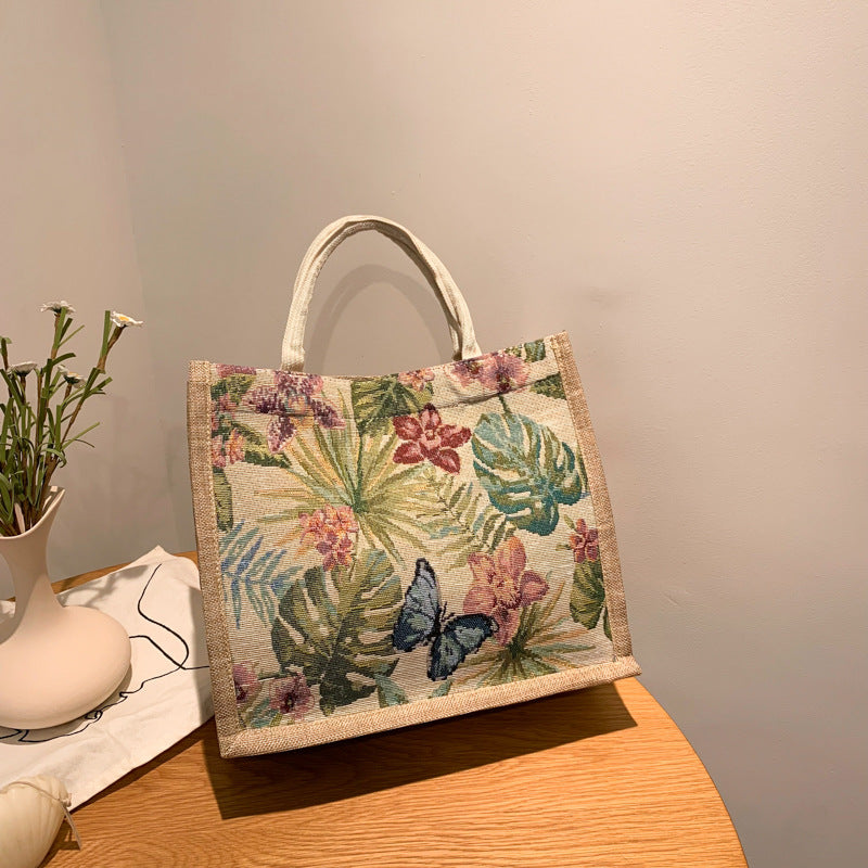 Women's Handbag New Large Capacity Ethnic Style Cotton Linen Tote Bag Flowers Print Magnetic Snap Handbag Daily All-Match Fashion Women's Bag
