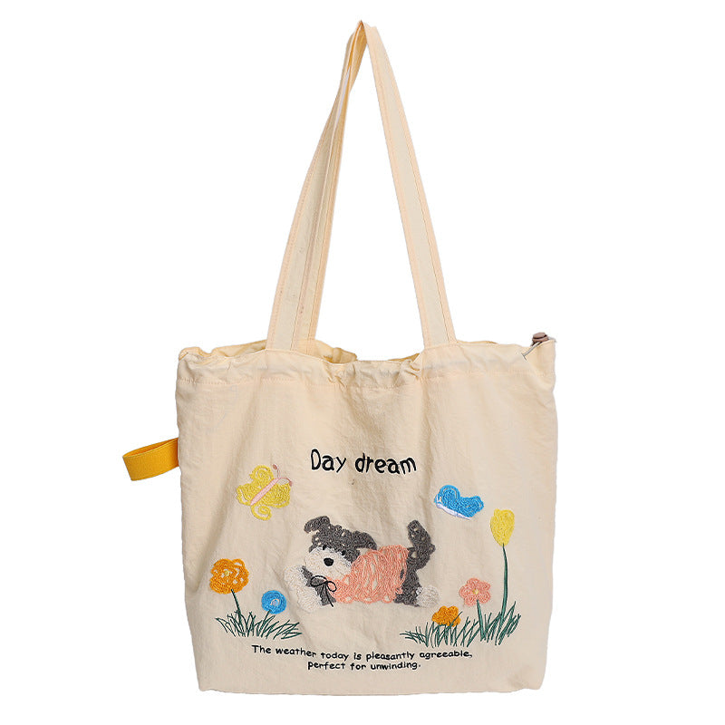 Cute Embroidered Puppy Tote Bag for Women, Large Capacity Shoulder Bag with Drawstring Closure, Perfect for Daily Commute and School