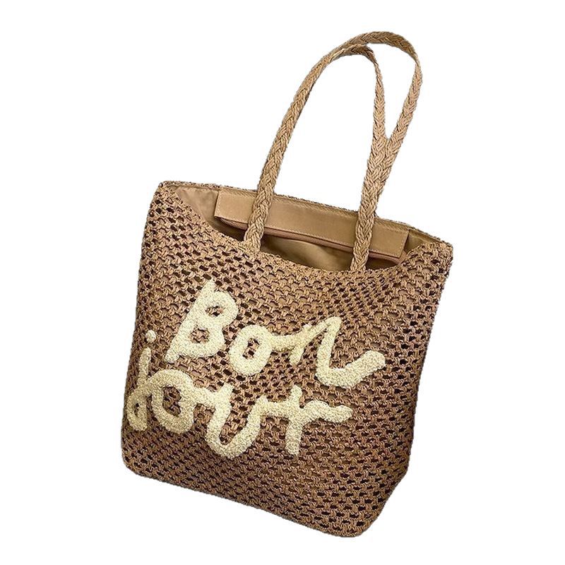 2025 New Letter Embroidery Woven Tote Bag Fashionable Shoulder Straw Bag Large Capacity Casual Beach Style
