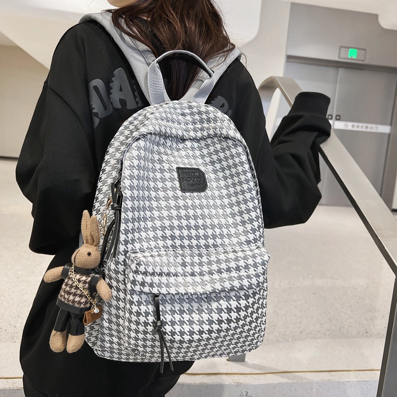 Stylish Houndstooth Backpack for Women - Lightweight, Durable & Spacious Design with Cute Rabbit Charm
