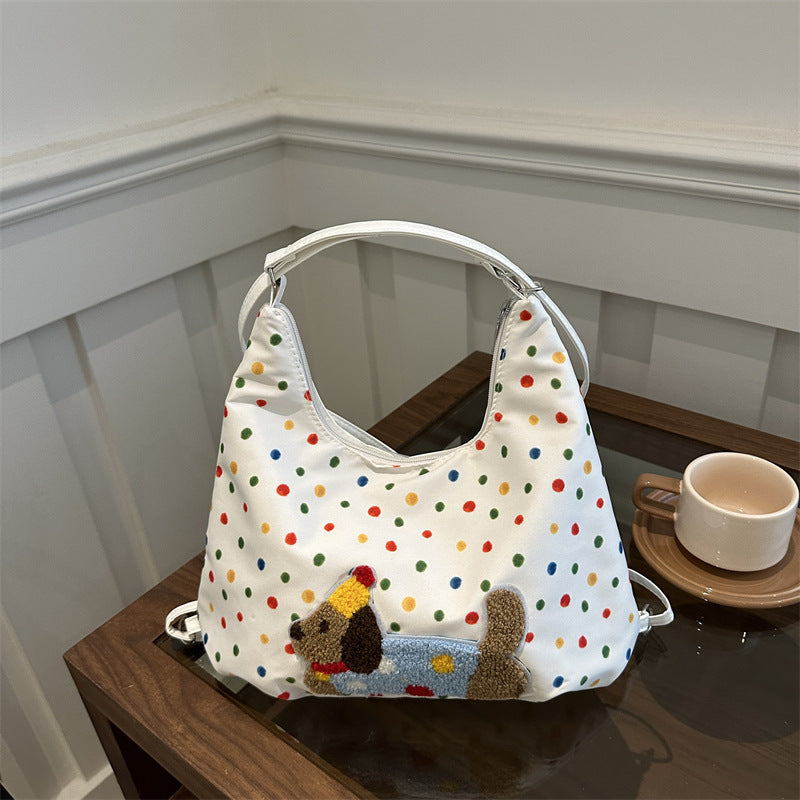 Korean Style Casual Large Capacity Shoulder Bag with Cartoon Polka Dot Print and Relaxed Tote Design for Women