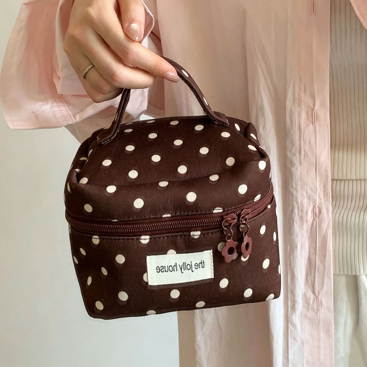 Vintage Polka Dot Cosmetic Bag with Zipper Closure - Portable Makeup Organizer for Women, Multi-functional and Washable