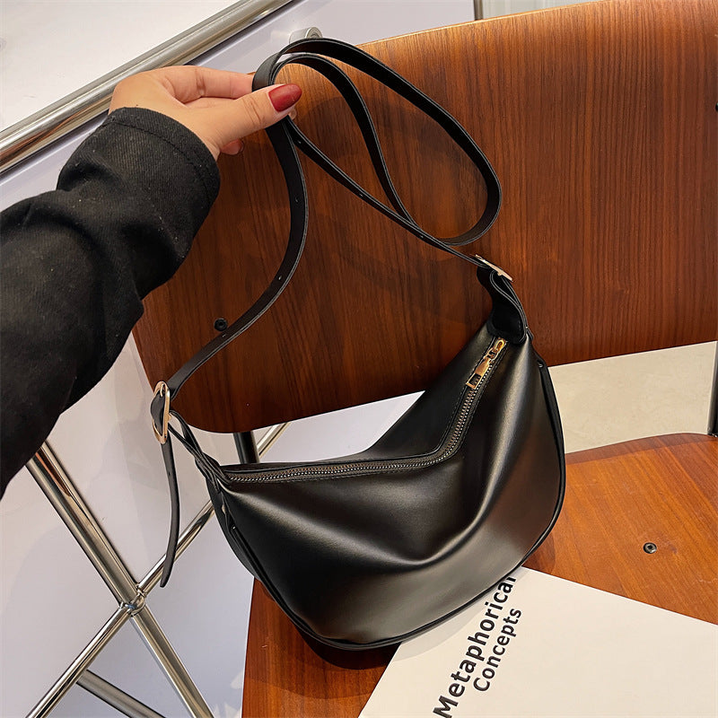 New Trendy Women's Bags Retro Design Soft PU Leather Half-Moon Shoulder Bag Simple Daily Commuter Messenger Bag