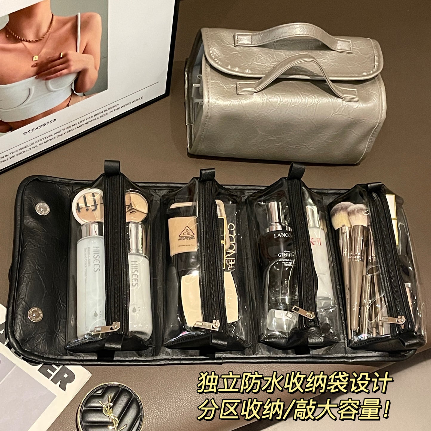 Stylish Multi-Functional Cosmetic Bag with Detachable Design, Large Capacity Waterproof Travel Toiletry Organizer