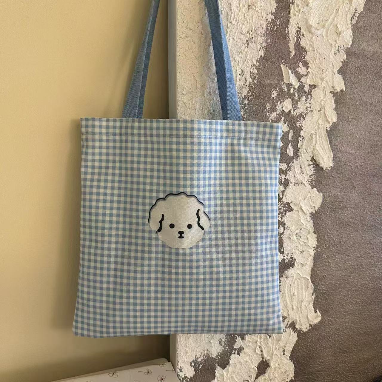 Cute Dog Face Checkered Canvas Tote Bag for Students and Daily Use