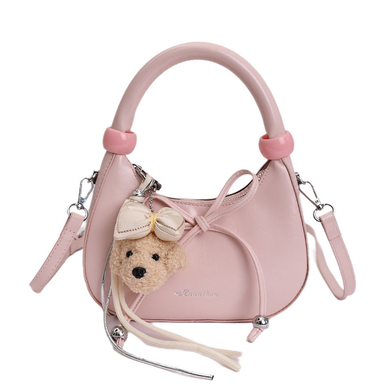 2026 New Korean Style Simple Crossbody Bag for Women, Cute Cartoon Pendant, Fashionable Dumpling Shape Handbag with Bow Detail